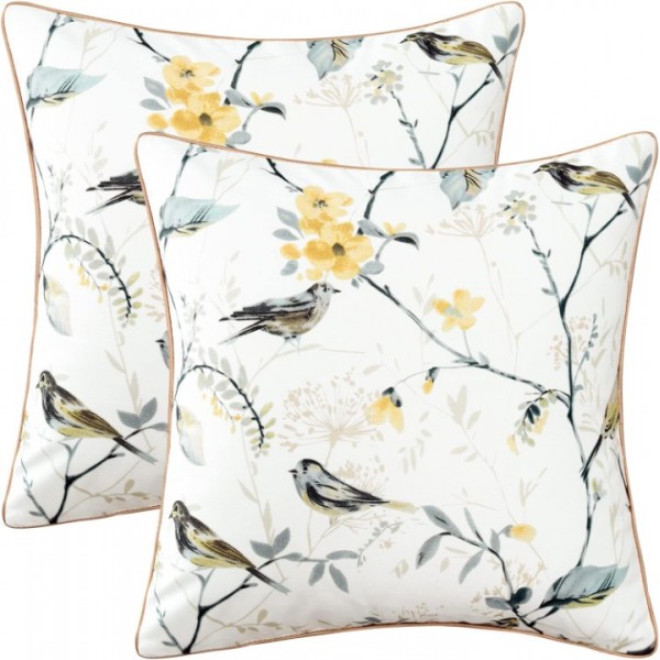 Square Decorative Throw Pillow Covers, Botanical Grey Birds Printed Soft Touch Cushion Covers, 18 x 18 Inches Throw Pillowcase for Sofa Bed, Set of 2